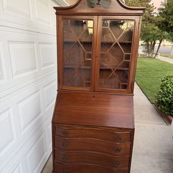 Vintage mahogany finish Secretary Desk with Glass Bookcase Hutch