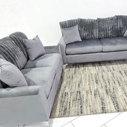 Sofa And Loveseat Velvet Gray New