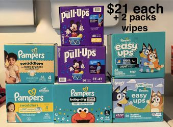 Pampers, PullUps and Easy Ups—Each case comes with 2 baby wipes