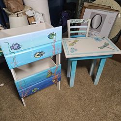 Children's 3 piece Turquoise Table,chair & standing toy chest 