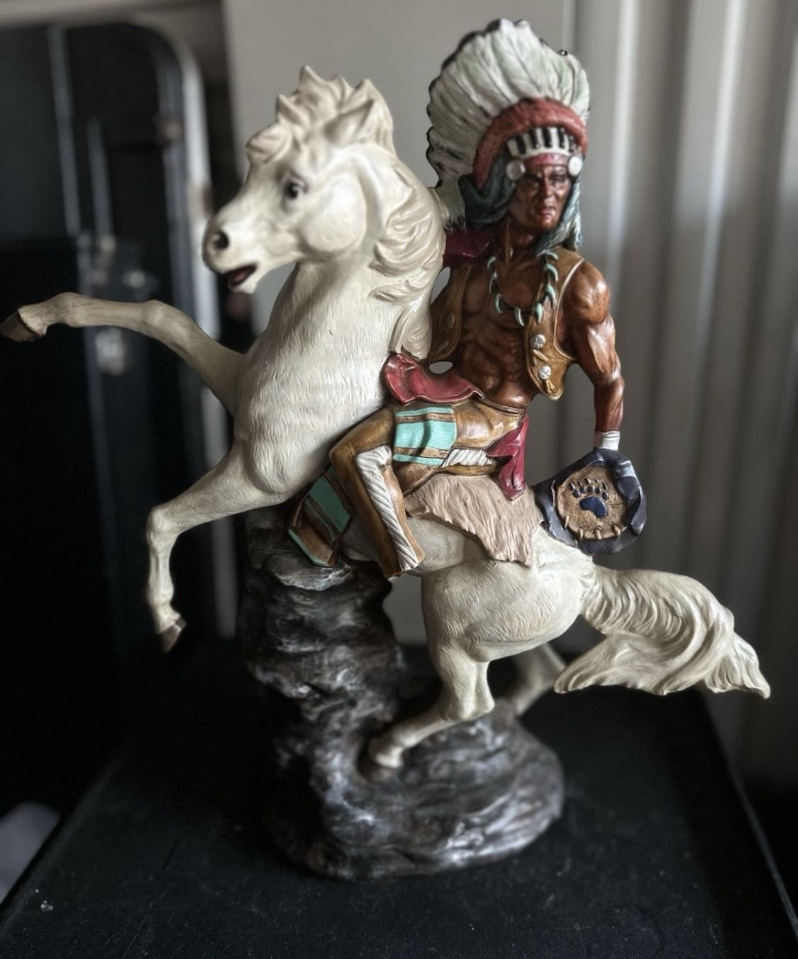 Vintage Indian Chief On Horseback Statue 16" Tall MEAKER 1988