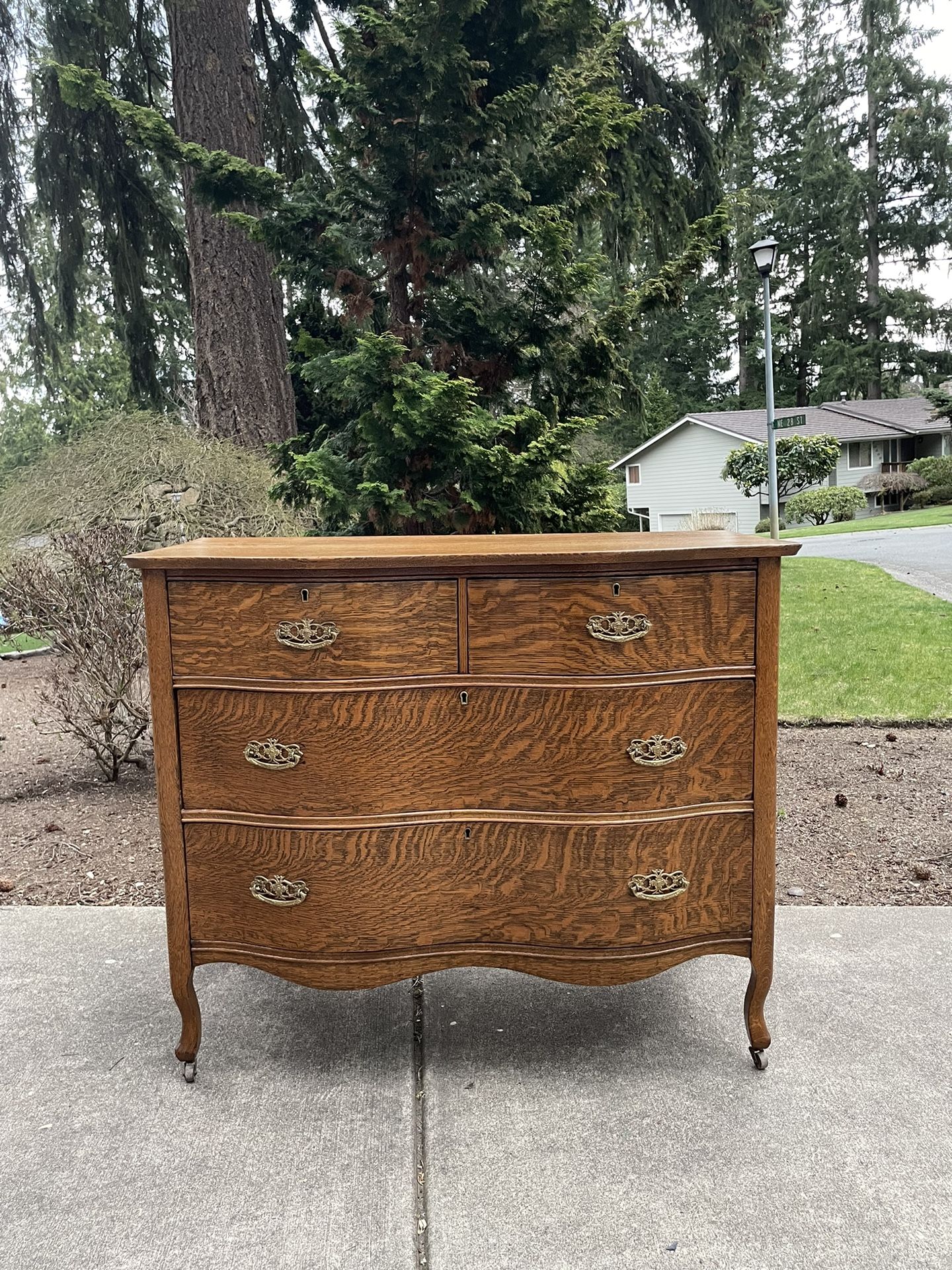 Antique Tiger Wood Serpentine Dresser