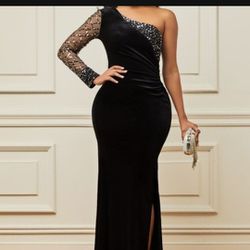 Black Sequin Velvet Stitching One Shoulder Dress

