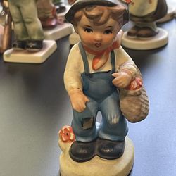 Vintage 1970’s Figurine Farmer Boy With A Bag In Jeans Overalls Blue Hat