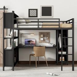 Black Metal Loft Bed with Desk and Shelves