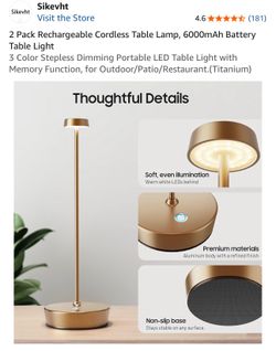 Rechargeable Cordless Table Lamp, 6000mAh Battery Table Light 3 Color Stepless Dimming Portable LED Table Light with Memory Function, for Outdoor/Pati