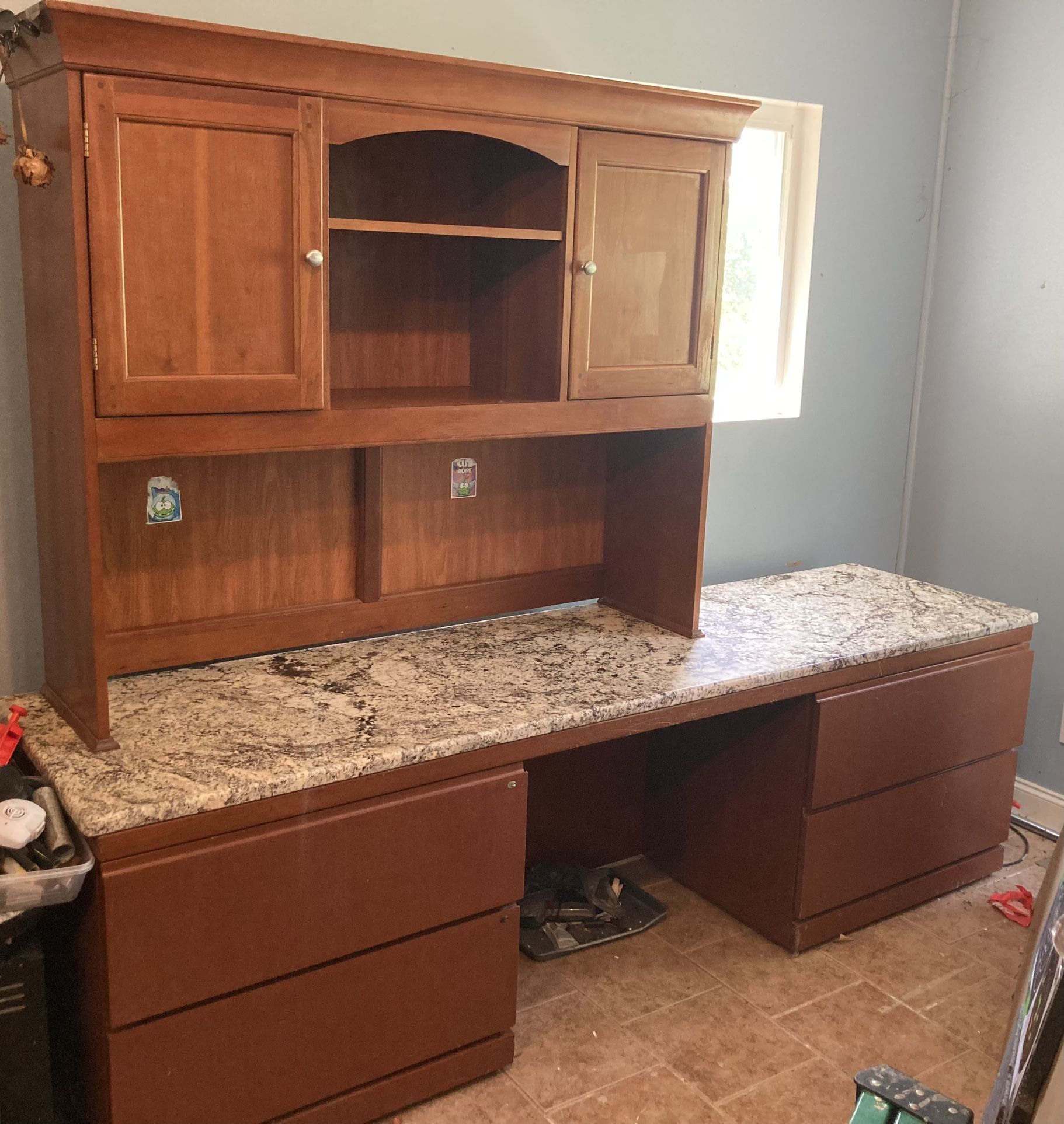 Large office desk with custom granite desktop & 4 large filing drawers
