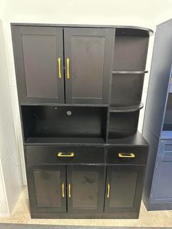 67" Kitchen Pantry with Microwave Stand, Freestanding Kitchen Cupboard with 5 Doors, 2 Drawers and 3 Side Shelf, Black