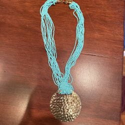 Gold Pendant Aqua Blue Beaded Necklace