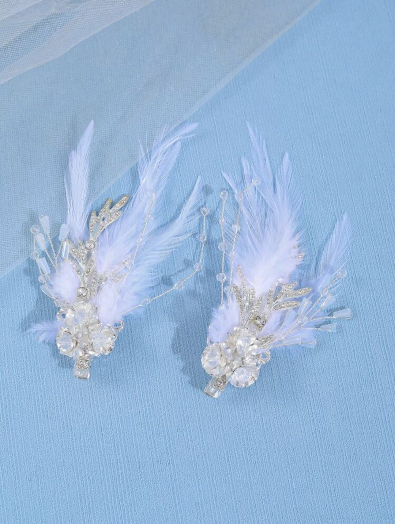 2pcs White Elegant Feather Hair Clips, Women Hair Accessories, Bride Wedding Hair Decor, Romantic Princess Headpiece For Daily, Party, Performance
