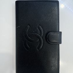 CHANEL-10743306 Black Caviar Interlocking CC Full Wallet Snap Closure