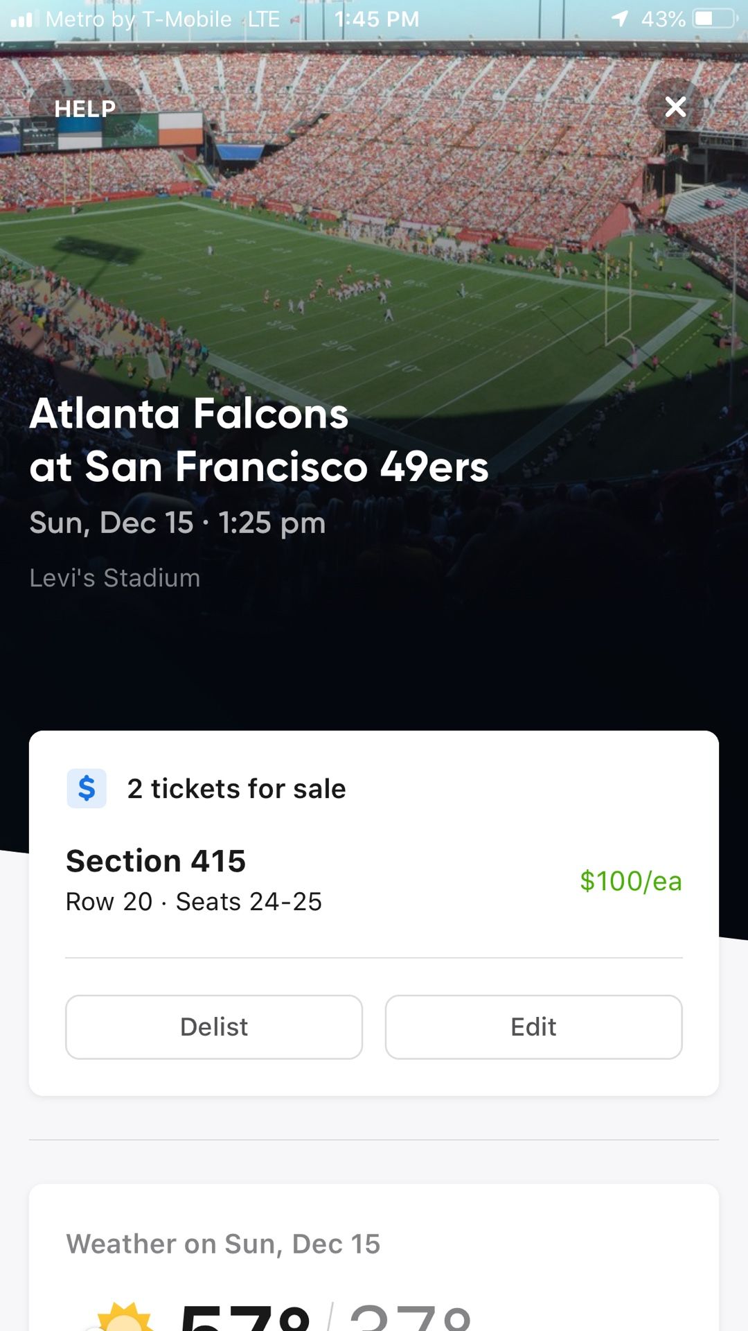 Tickets to 49ers game this Sunday!
