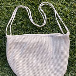 Beige Mesh Shoulder Bag  Minimalist Half Moon Crossbody Purse  Zipper Closure