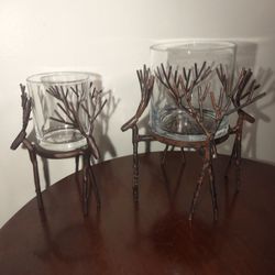 2 YANKEE  CANDLE METAL REINDEERS W/GLASS CANDLE HOLDERS