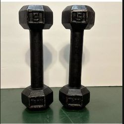 Vintage Pair Of York Dumbbell Weights 5 Lb Cast Iron Metal Black USA Hex End