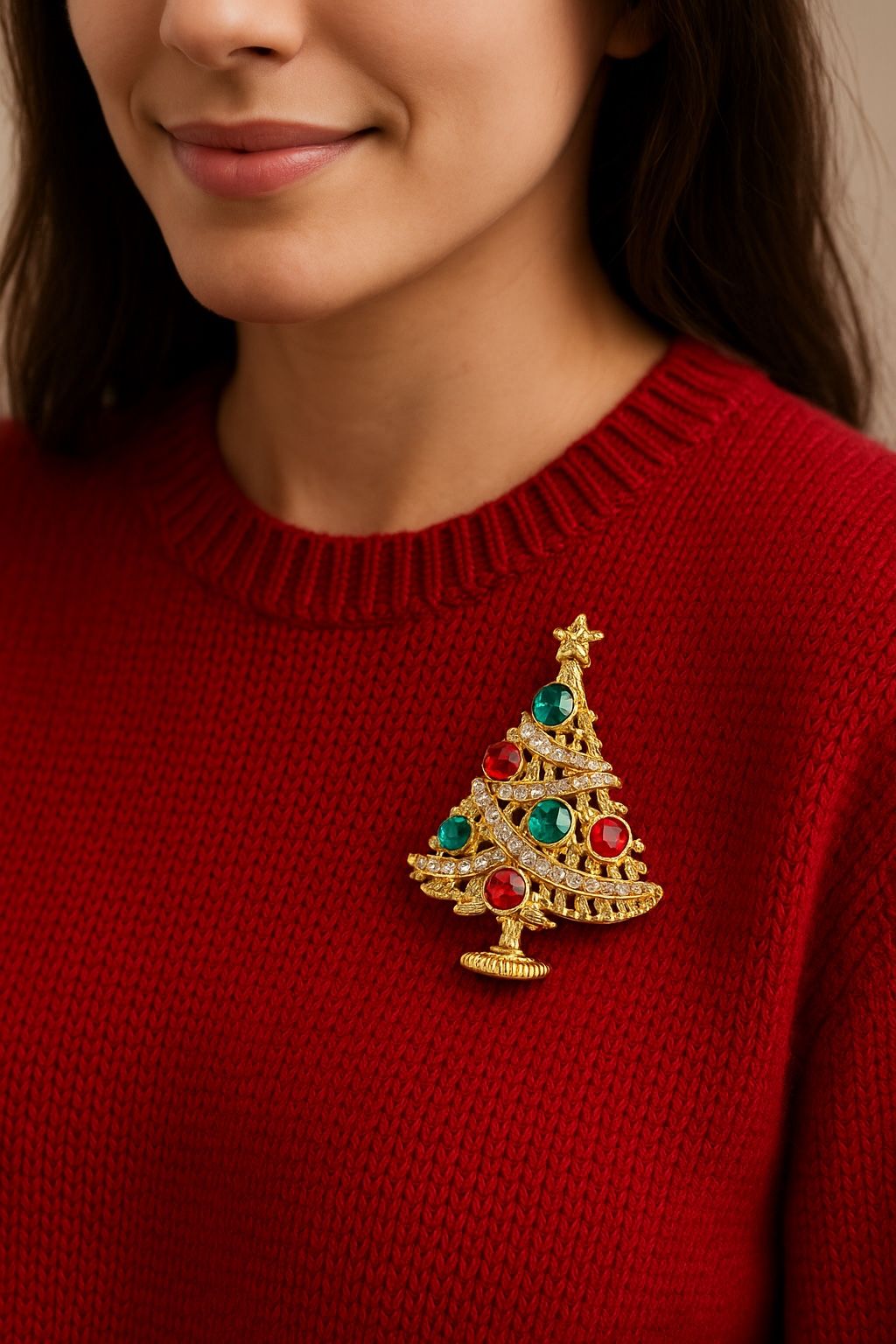 Vintage 1990s Rhinestone Christmas Tree Brooch Pin Gold Tone, 2x2.5”