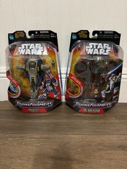 Star Wars Transformers Action Figures (2) 1 Jango Fett Slave I and 1 Obi-Wan Kenobi Jedi Starfighter (Factory Sealed/Never Opened) (2005-2006).