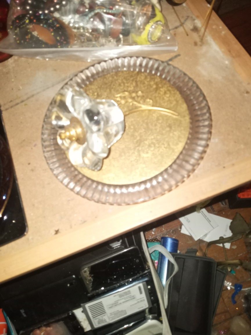 A Glass And Brass Vintage Vanity Powder Dish