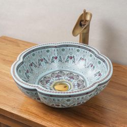 Flower Shape Ceramic Vessel Sink - Blue