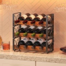 NEW in Box Wine Rack Countertop 3-Tier 12 Bottles Small Wine Rack Stackable for Inside Cabinet, Solid Wood & Wrought Iron Wine Bottle Holder, Wine St