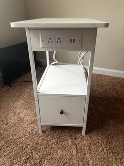 White Side Table / Nightstand with Outlets & USB