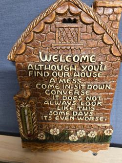 Vintage Welcome Wall Plaque Thermometer House Shaped Decor