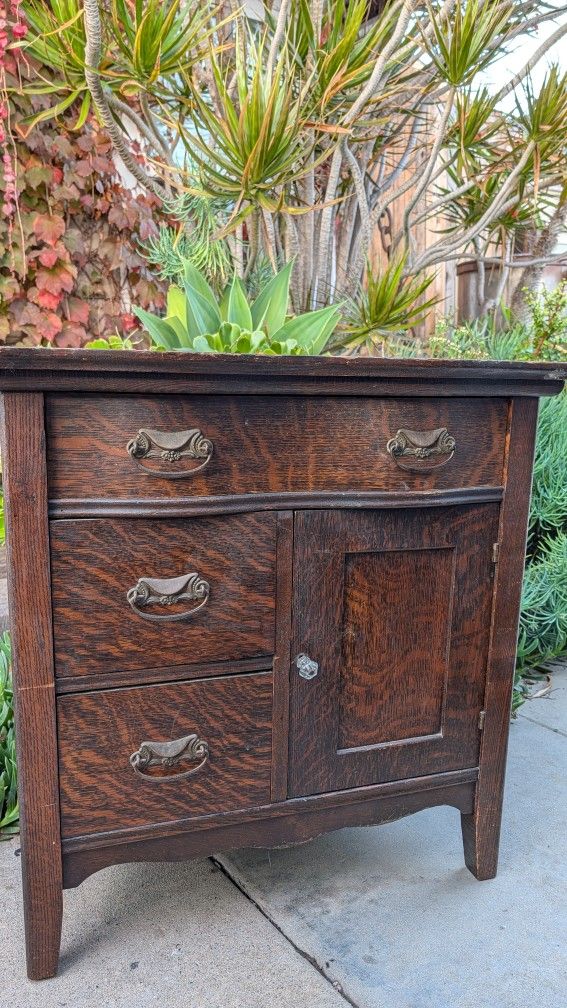 Antique Dresser Nightstand Washstand 1800s Victorian Vintage Table Tiger Oak Solid Piece Knapp Joints Wash Stand Table 1800s