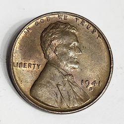1941-D Wheat Cent Penny / Antique U.S Coin / Excellent Condition 