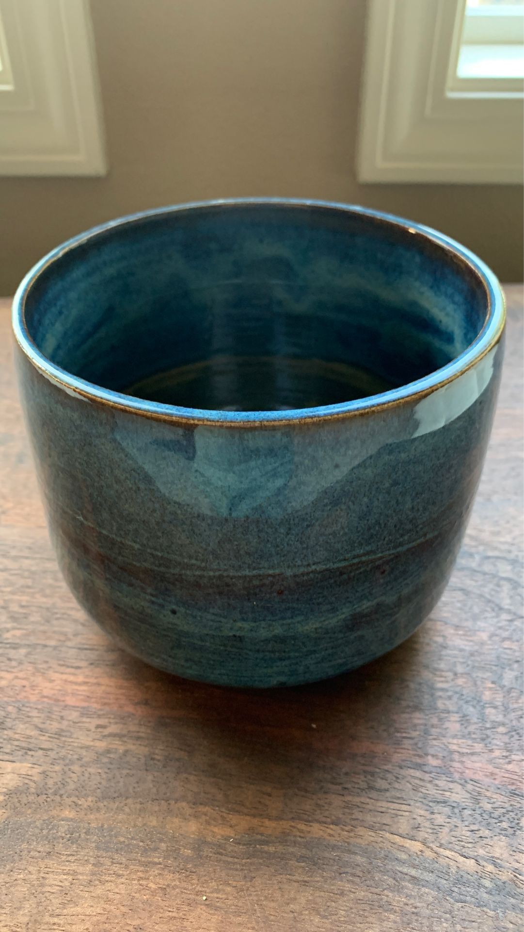 Unique handmade blue speckled ceramic plant pot with design