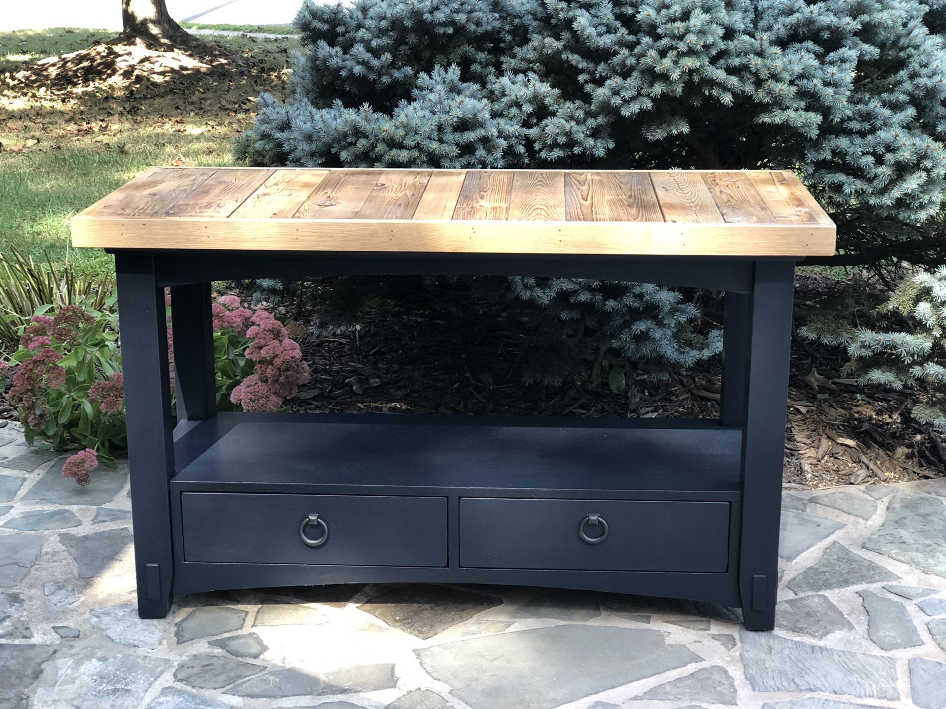 Gorgeous milk painted navy/black console table with reclaimed wood custom made top