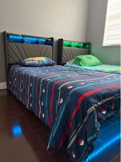 Modern Kids Bedroom Set – 2 Twin Beds + TV Console + LED Lights + 2 Mattresses