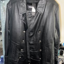 Jakewood Leather Pea Coat With Inside Liner For Warmth