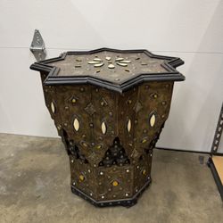 Moroccan Moorish Side Table Silver Metal Overlay Amber Inlay Star Octagon