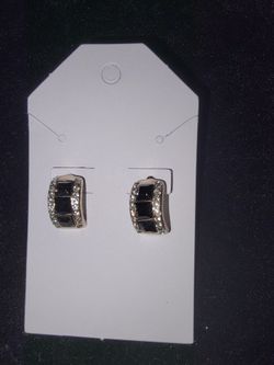 Pierced Half Hoop Black And Silver With Clear Crystals