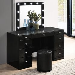 Black High Gloss Vanity With Storage Drawers Glass Top Crystal Knobs Brand New In Box Firm Price Vanity $740 Swivel Stool $80