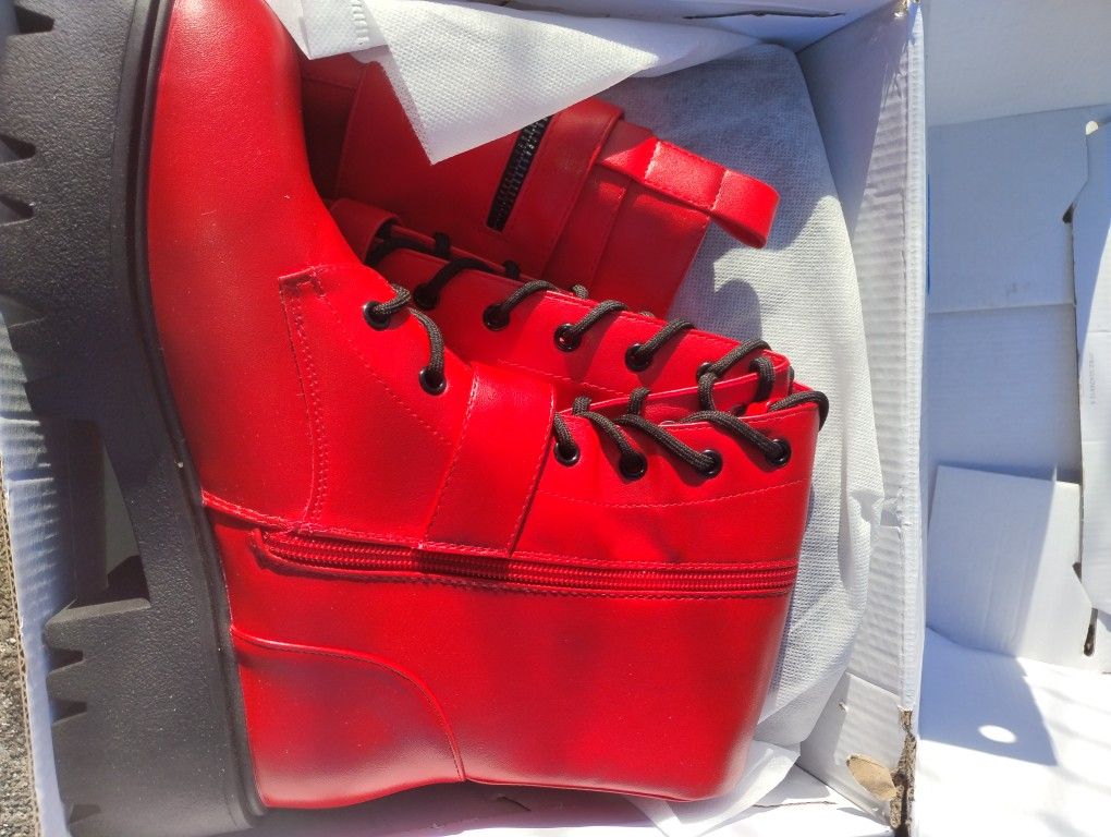 Red Leather Knee High Zip Up Boots - NEW IN BOX