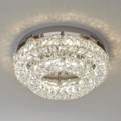 Crystal Ceiling Light Fixture Chrome, Modern Flush Mount Ceiling Light, 17 Inch LED Round Light Fixture Ceiling Lamp for Hallway, Living Room, Bedroom