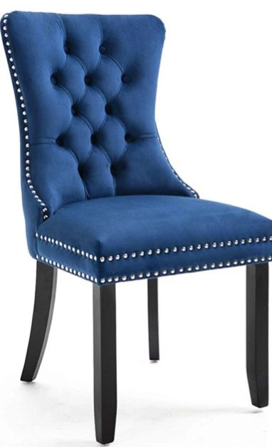 High Back Velvet Navy Tufted Upholstered Dining Chairs Solid Wood - Nail Trim, Ring