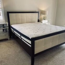Room & Board Cal King Bed Frame, Mattress, Night stands, & Lamps 