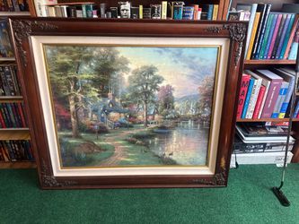 Thomas Kinkade “Hometown Lake” Signed & Numbered Canvas – Large Framed Artwork
