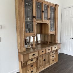 Antique Oak Buffet With Leaded Glass 