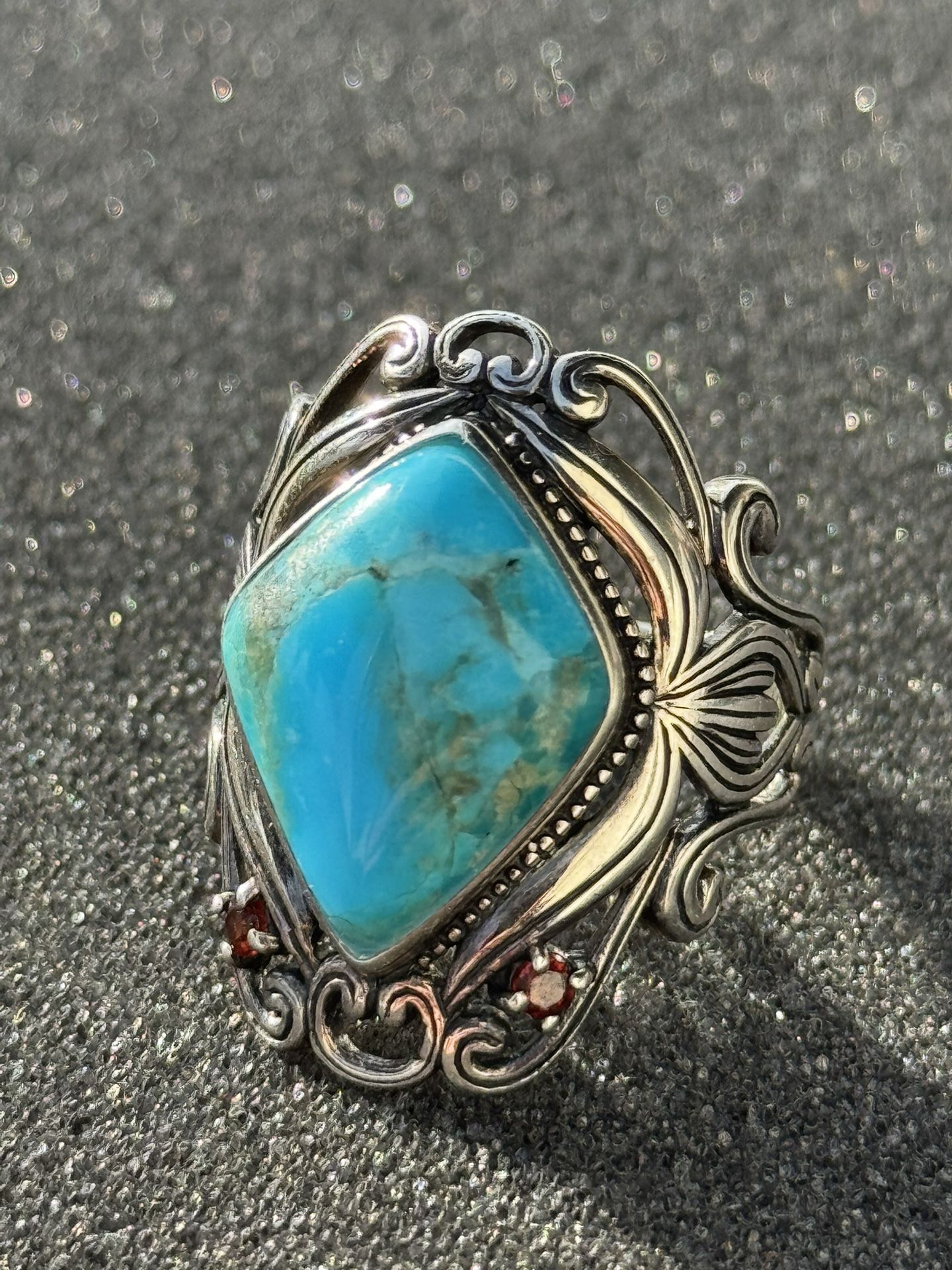 Sterling Silver Turquoise Statement Ring (size 8)– BBJ 925 – Ornate Design – $45 (SE Portland)