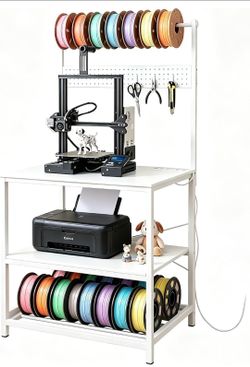 3D Printer Stand with Filament Storage, 2-IN-1 Heavy Duty Metal 3D Printer Table with Removable Pegboard&Power Strip, Reinforced X-Bracket Printer Wor