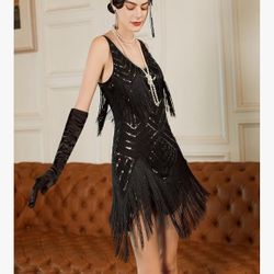 1920s Flapper V Neck Great Gatsby Fringe Cocktail Dress w/Accesories, Sm *NEW*