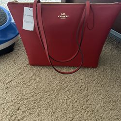 Red Coach Zip Tote
