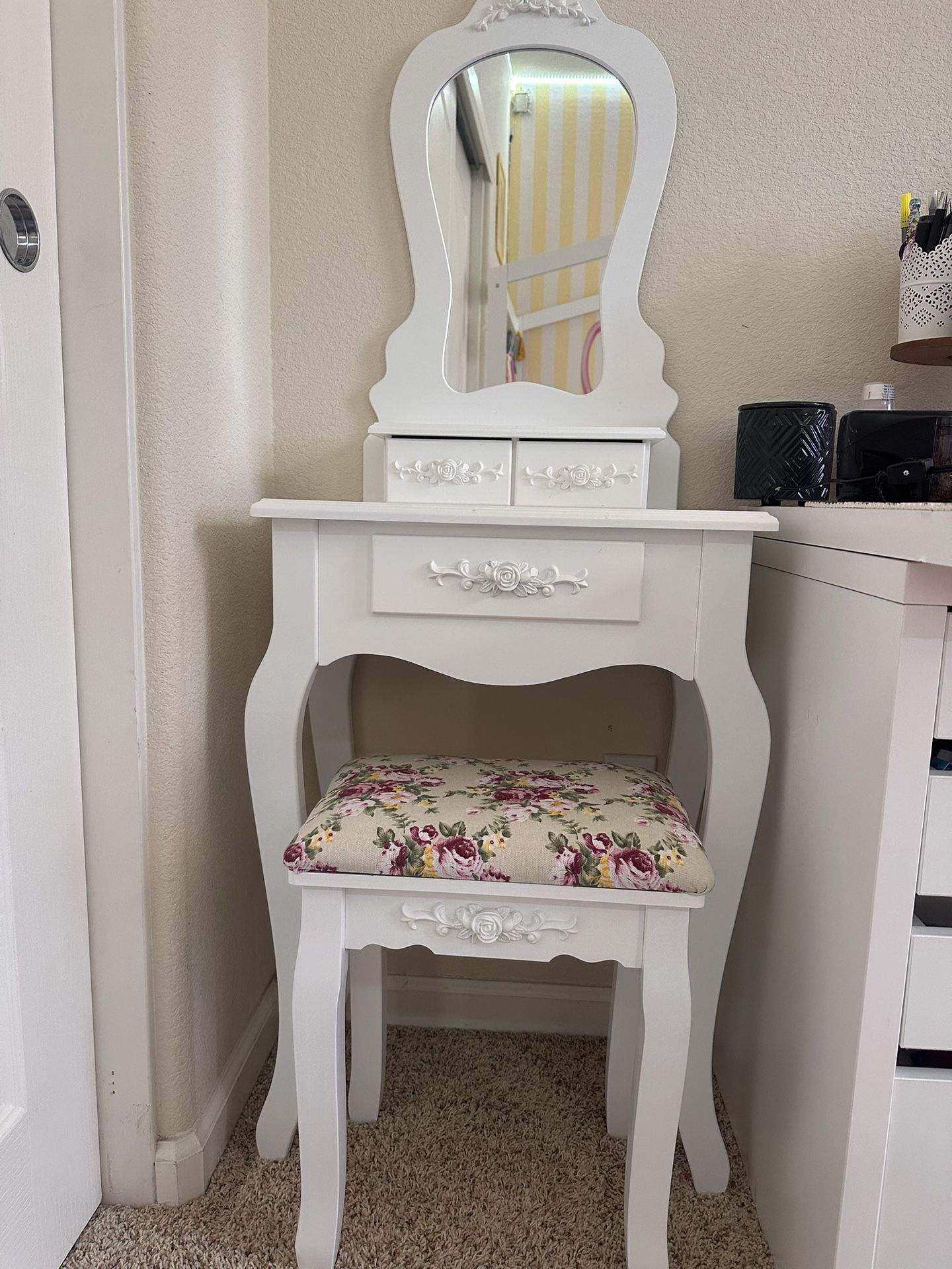 White Vanity Table With Floral Stool 