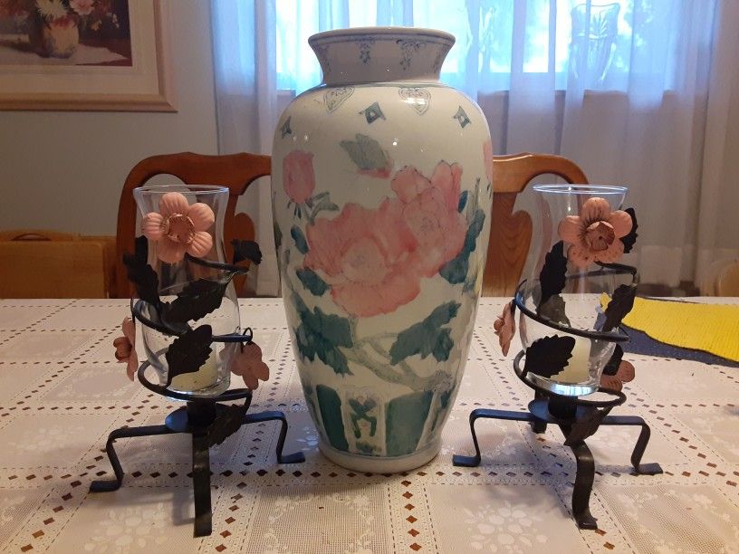 VERY NEAT LOOKING SET. Vase Is 14inches Tall And The Candles HOLDERS Are 10INCHS TALL