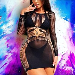 Black Hollow Out Dress, See Through Round Neck Long Sleeves Dress  *Bikini NOT INCLUDED  One Size 95% Polyamide 5% Elastane  (contact info removed)276