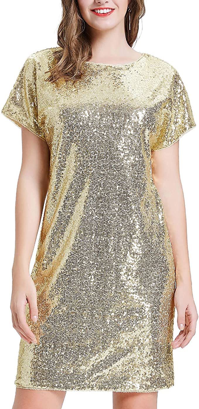 Kate Kasin Women Short Sleeve Sequin Glitter Short Shift Dress Crew Neck Mini Party Club Dresses Size M