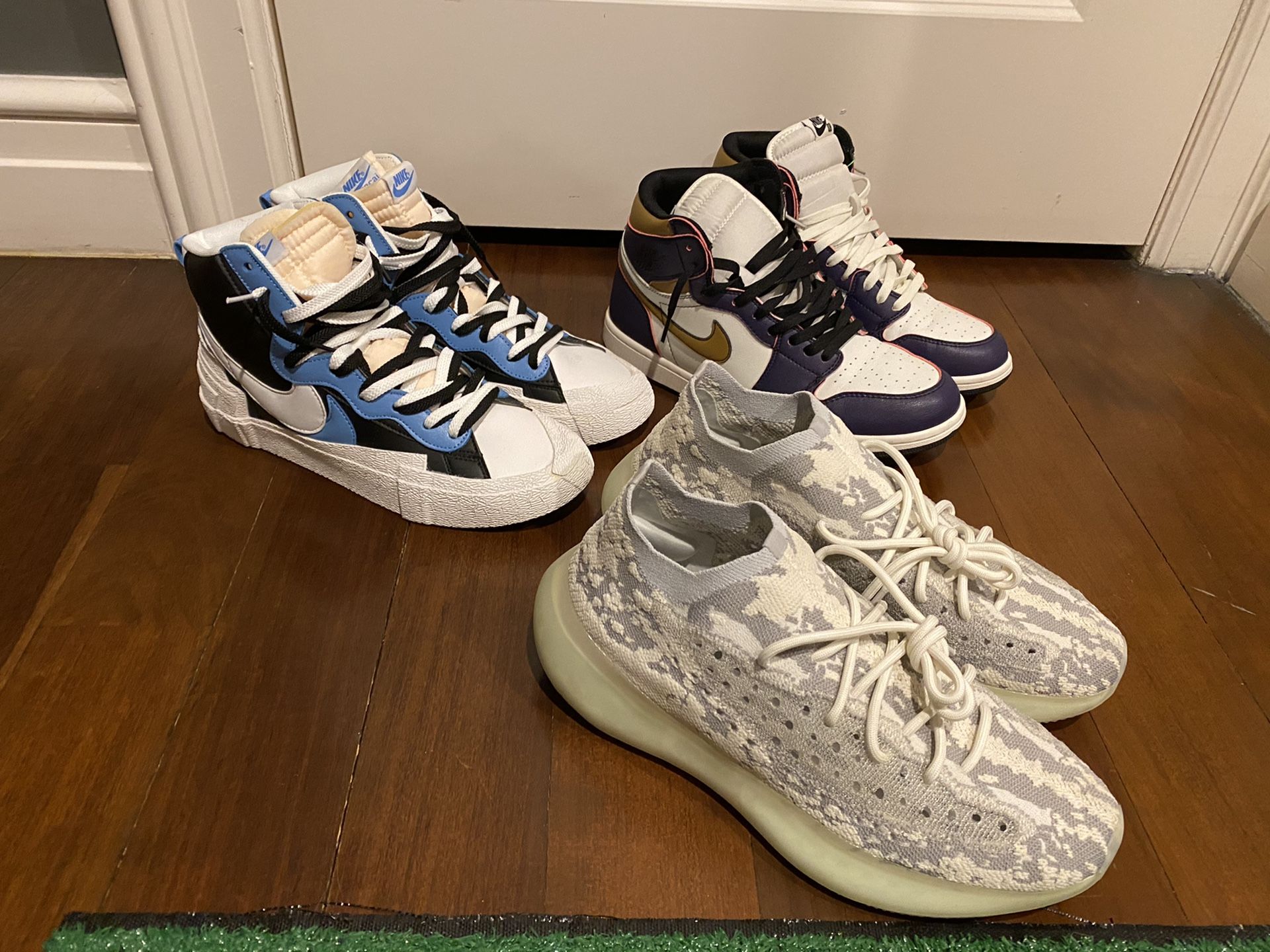 Three shoe bundle (Yeezy 380 alien, Jordan 1 la to Chicago, sacai blazer mid) all size 11-11.5